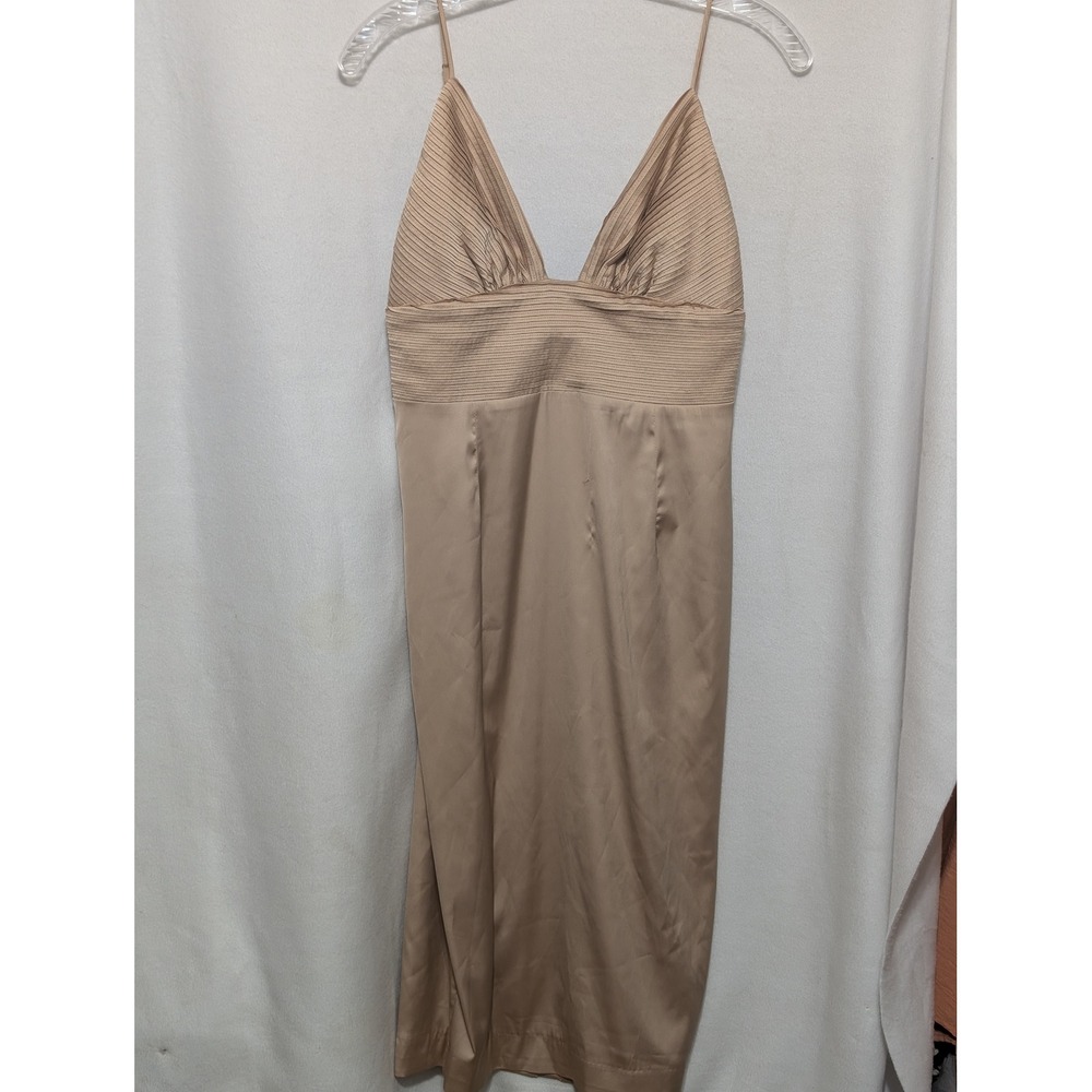 House of CB London Tan Pleated V-Neck Satin Midi Dress Large Champagne